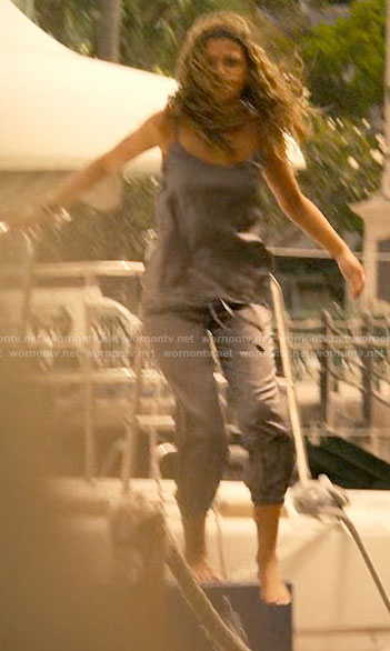 Kiara’s grey silky jogger pajama set on Outer Banks