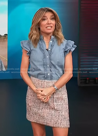 Kit’s ruffle chambray top and tweed mini skirt on Access Hollywood