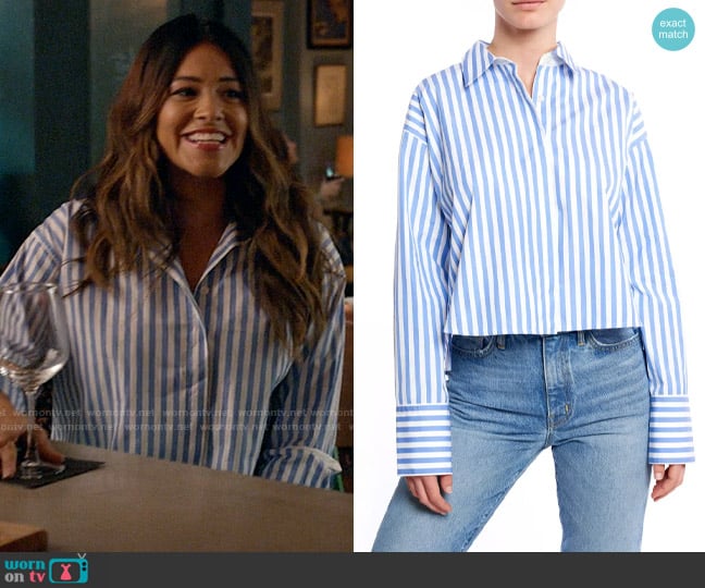 La Ligne Stripe Boyfriend Cotton Crop Shirt worn by Nell Serrano (Gina Rodriguez) on Not Dead Yet