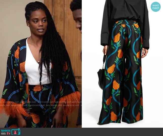 La DoubleJ Floral Vine-Print Silk Palazzo Pants worn by Sabrina Hollins (Novi Brown) on Tyler Perrys Sistas