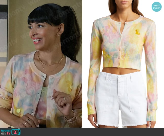 Le Superbe Hailey Sequin Cardigan in Melting Lemons worn by Sam (Hannah Simone) on Not Dead Yet