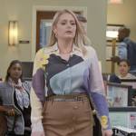 Lexi’s floral abstract shirt and button front pencil skirt on Not Dead Yet