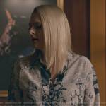 Lexi’s navy and white printed shirt and tweed skirt on Not Dead Yet