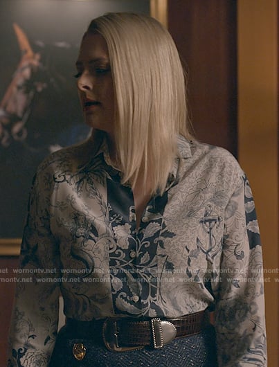 Lexi’s navy and white printed shirt and tweed skirt on Not Dead Yet