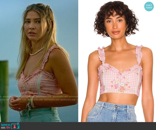 LoveShackFancy Mireya Bralette in Berry Picnic worn by Sarah Cameron (Madelyn Cline) on Outer Banks