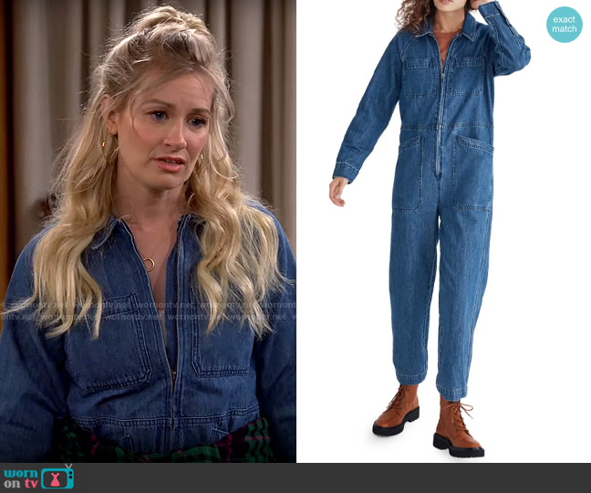 Madewell Garment Dyed Denim Crop Coverall Jumpsuit worn by Gemma (Beth Behrs) on The Neighborhood