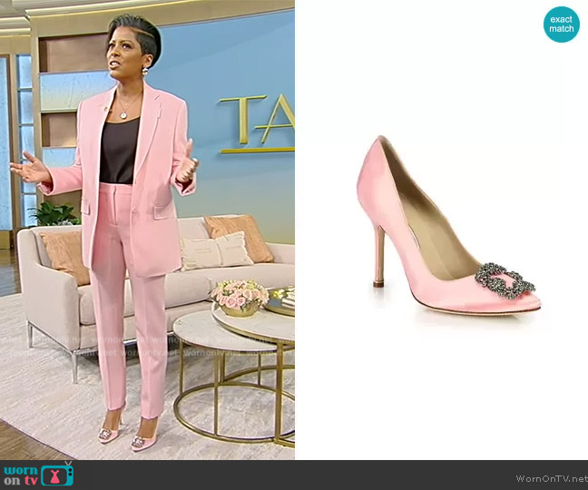 Manolo Blahnik Hangisi 105 Embellished Satin Pumps worn by Tamron Hall on Tamron Hall Show