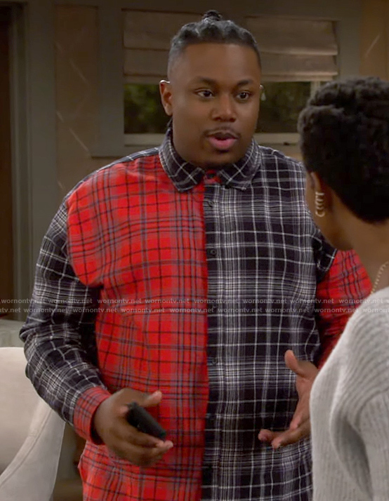 Marty’s red mixed plaid shirt on The Neighborhood