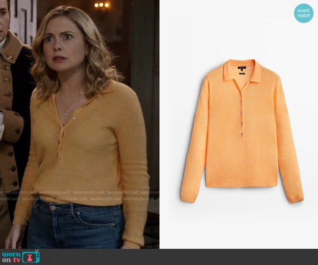 Massimo Dutti Wool Polo Collar Sweater in Tangerine worn by Sam (Rose McIver) on Ghosts