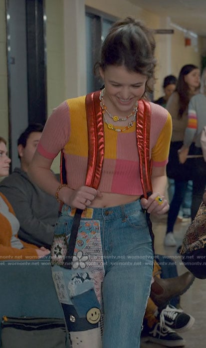 Maxine’s orange and pink crop top with patchwork jeans on Ginny & Georgia