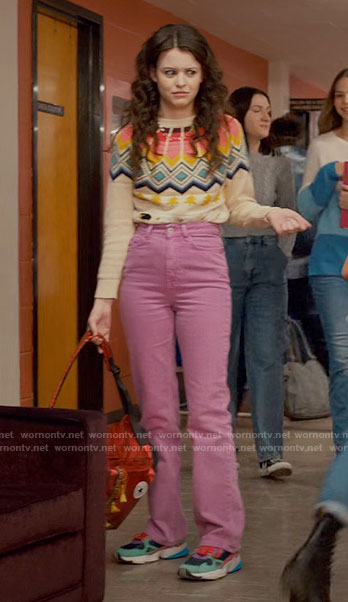 Maxine’s fair isle sweater and pink corduroy pants on Ginny & Georgia