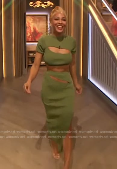 Meagan Good’s green cutout top and skirt on The Drew Barrymore Show