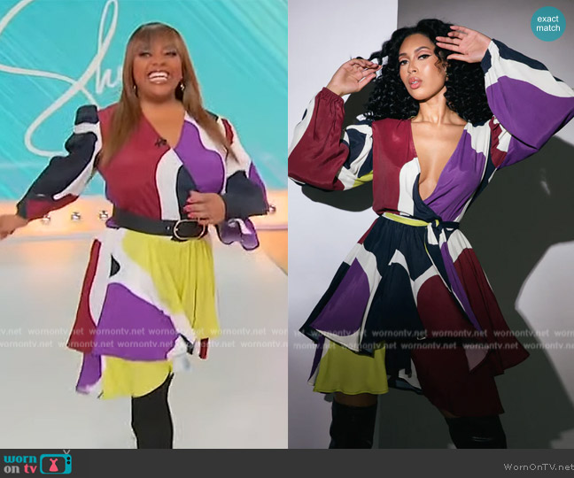 Megan Renee Tabitha Double Ruffle Mini Dress in Multi Abstract worn by Sherri Shepherd on Sherri