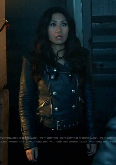 Mel’s leather double breasted jacket with silver buttons on The Equalizer