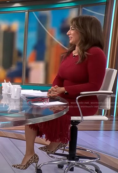 Michelle Miller’s red fringed hem dress on CBS Mornings