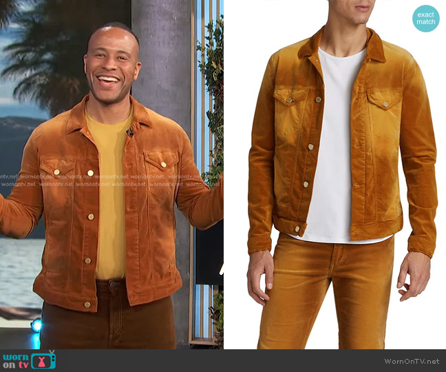Monfrere Dean Velvet Jacket in Gold worn by DeVon Franklin on Access Hollywood