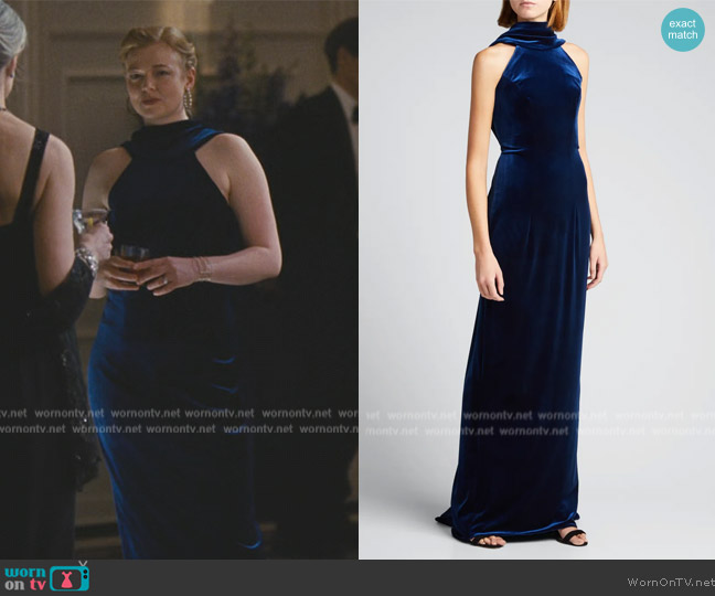 Monique Lhullier Plunging Draped-Back Fitted Velour Gown worn by Shiv Roy (Sarah Snook) on Succession