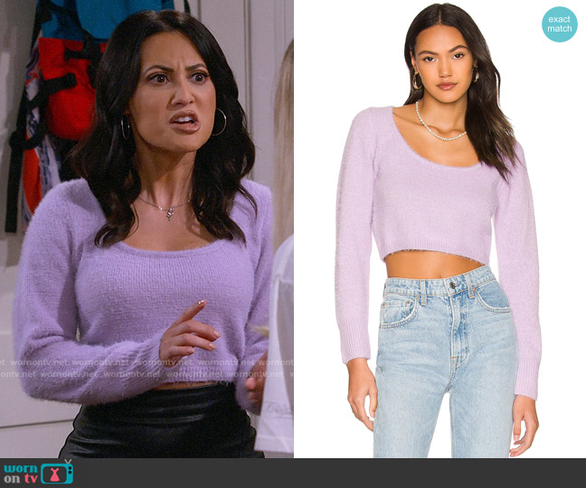 More To Come Kimberly Fuzzy Crop Sweater in Lavender worn by Valentina (Francia Raisa) on How I Met Your Father