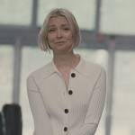 Naomi’s white ribbed cardigan on Succession