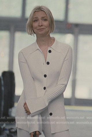 Naomi’s white ribbed cardigan on Succession