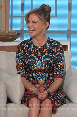 Natalie’s black printed midi dress on The Talk