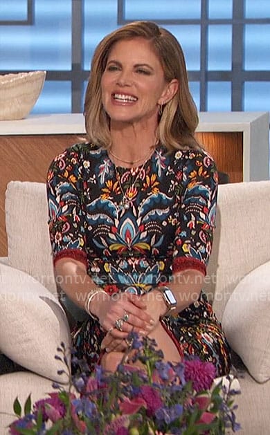 Natalie’s black printed midi dress on The Talk