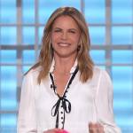 Natalie’s white contrast tie neck blouse on The Talk