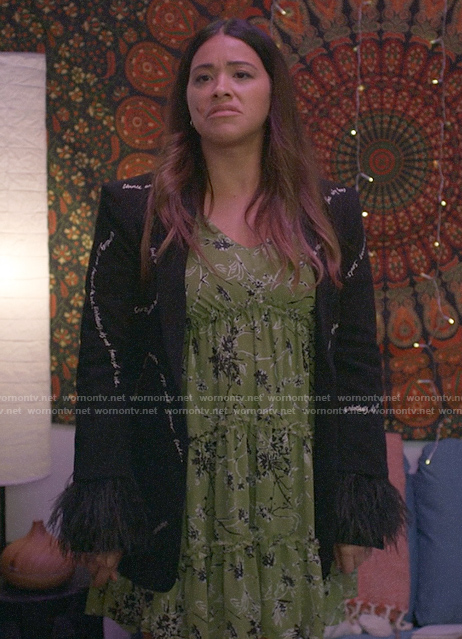 Nell’s green floral mini dress and black feather trim blazer on Not Dead Yet