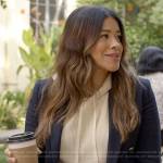 Nell’s navy blazer with silver buttons on Not Dead Yet