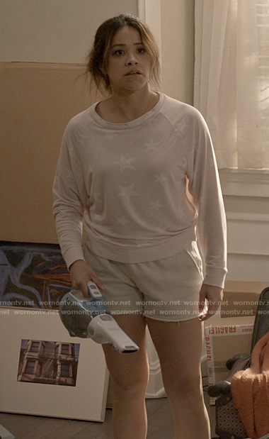 Nell’s pink star print pajama top on Not Dead Yet