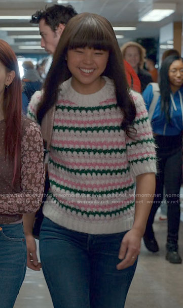 Norah’s pink and green striped knit top on Ginny & Georgia