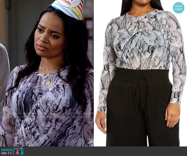 Open Edit Ruched Knit Top in Grey Purple Wax Marble worn by Randi (Kyla Pratt) on Call Me Kat