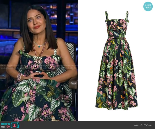 Oscar de la Renta Pleated Botanical Print Cutout Stretch Cotton Midi Dress worn by Salma Hayek on E! News