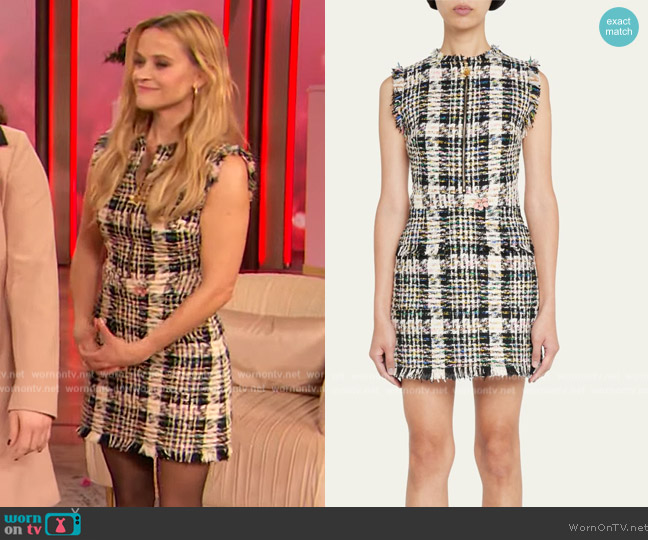 Oscar de la Renta Ribbon Tweed Mini Dress worn by Reese Witherspoon on The Drew Barrymore Show