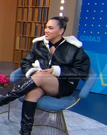 Parris Goebel’s black leather and shearling jacket on Good Morning America