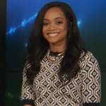Rachel’s geometric knit top and skirt on Extra