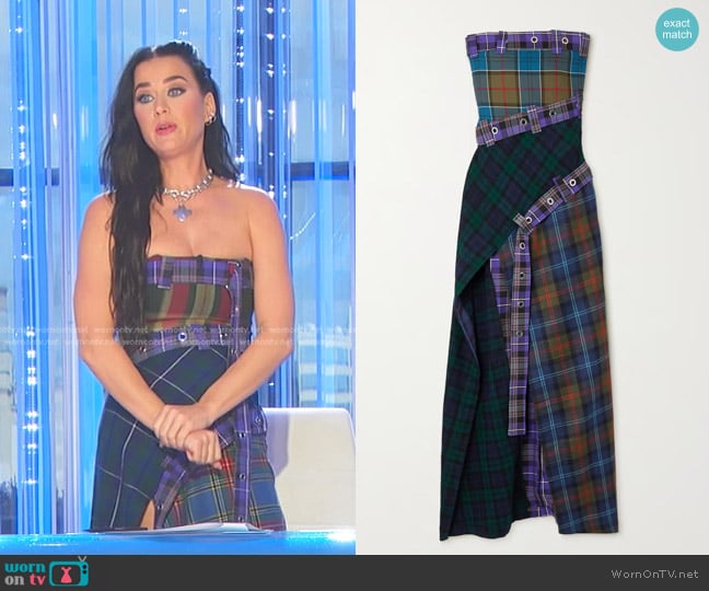 Rave Review Shroom Belted Checked Wool Maxi Dress worn by Katy Perry on American Idol