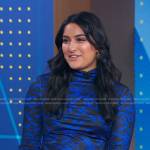 Reena Roy’s blue printed turtleneck top on Good Morning America