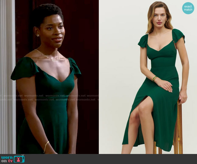 Reformation Baxley Dress in Emerald worn by Necie (Chelsea Harris) on The Neighborhood