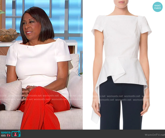 Roland Mouret Draped-Peplum Short-Sleeve Poplin Blouse worn by Pat Harvey on The Talk