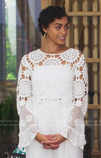 Ruby’s white crochet top on Fantasy Island