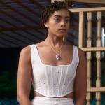 Ruby’s white eyelet corset and skirt on Fantasy Island