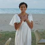Ruby’s white eyelet maxi dress on Fantasy Island