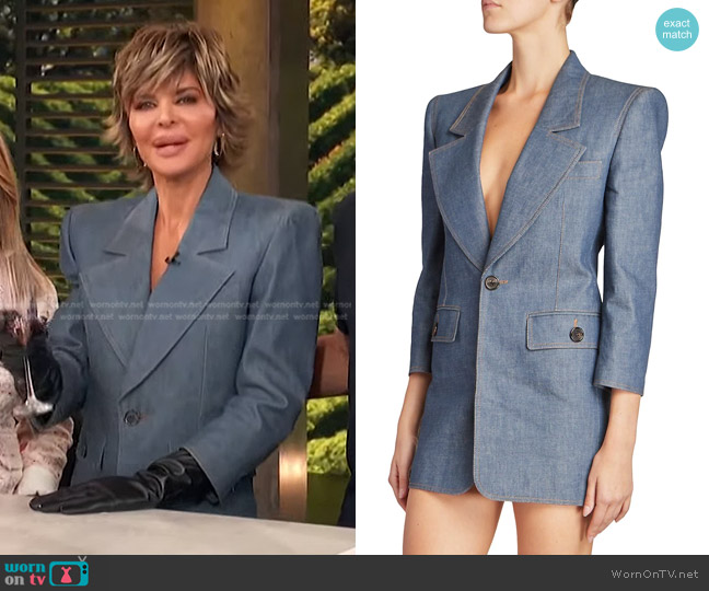 Saint Laurent Denim Blazer Minidress worn by Lisa Rinna on Access Hollywood