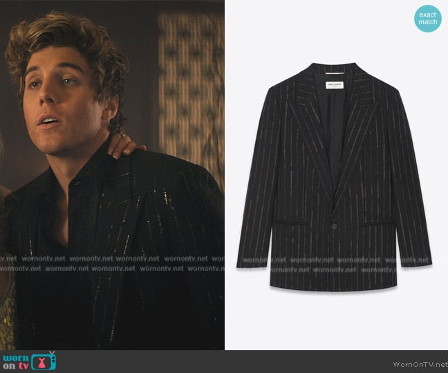 Saint Laurent Fitted Single Breasted Jacket in Pinstripe worn by Adam Pratt (Lukas Gage) on You