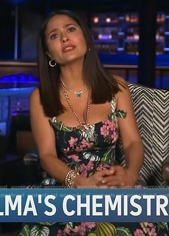 Salma Heyek’s green floral print dress on Access Hollywood