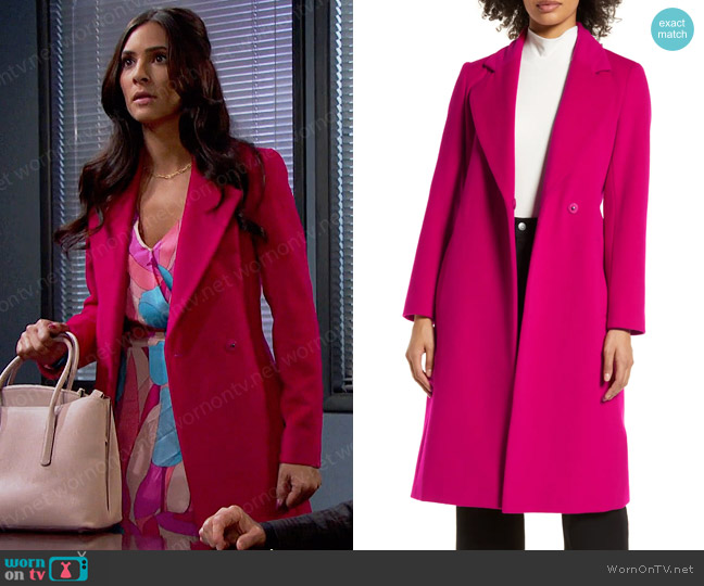 Sam Edelman Belted Wool Blend Coat in Deep Magenta worn by Gabi Hernandez (Camila Banus) on Days of our Lives