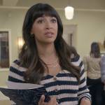 Sam’s striped cropped cardigan and pleated pants on Not Dead Yet