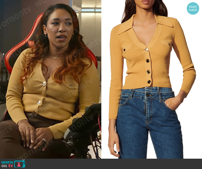 Sandro Suzie Ribbed Collared Cardigan worn by Iris West (Candice Patton) on The Flash