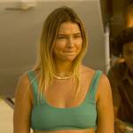 Sarah’s purple hibiscus crop top and denim shorts on Outer Banks